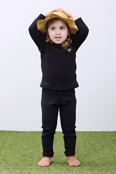 Perendi Cotton Triple Girl's Set - Ruffle Detailed, Black