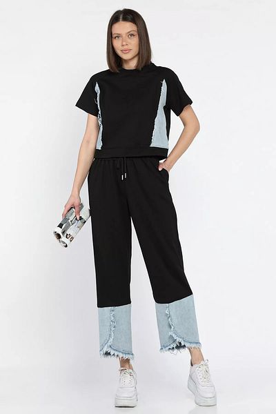 GÜLSELİ Black Women's Denim Garnished Tassel T-Shirt Pants Double Set