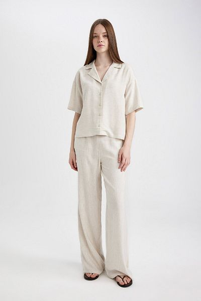 DeFacto Linen Blend Oversize Pajama Shirt - Short Sleeve, Sleepwear Lapel U2927Az24Sm