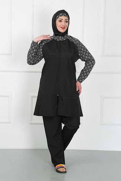 Celira Plus Size Patterned Hijab Swimsuit Black 44030
