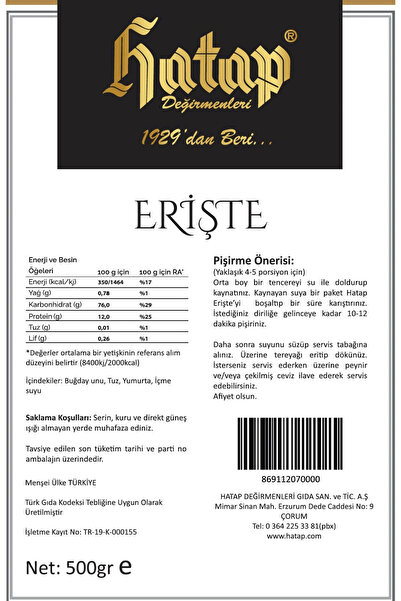 Hatap Değirmenleri Hatap Katkısız Elde Kesim Erişte 500 gr