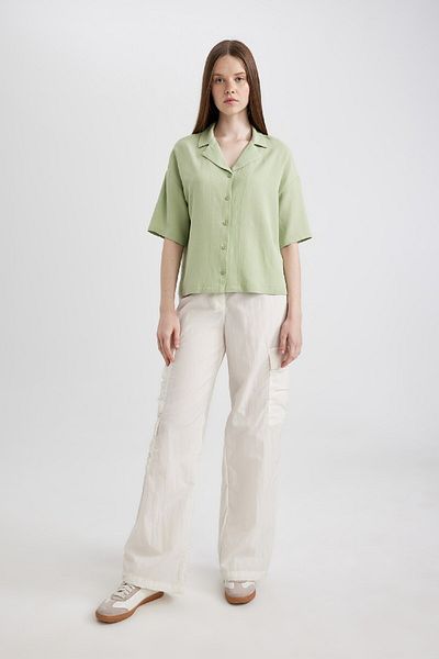 DeFacto Oversize Fit Pajama Collar Linen Blended Short Sleeve Shirt U2927AZ24SM