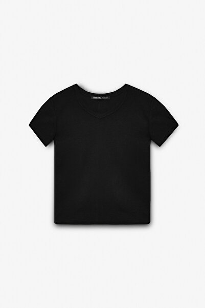 ETHIQUET Masrouti Women's Slim Short V-Neck Short Sleeve Black T-Shirt