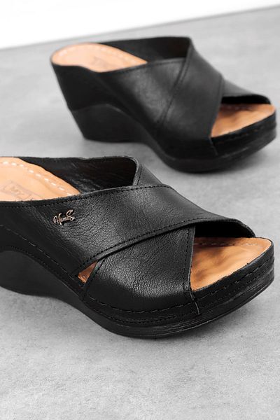 Lal Shoes & Bags Herm Women's Genuine Leather Cross Strap Detailed Wedge Heeled Slippers-Black