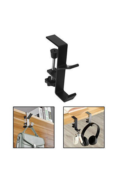 Microcase Ayarlanabilir Çift Başlı Masaya Monte Metal Taşıyıcı Çanta Kulaklık Poşet Eşya Tutucu-AL4788 Siyah