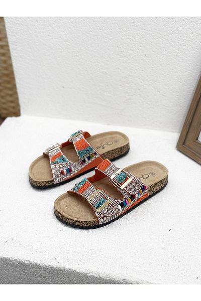 Guja 25Y102-2 Double Buckle Stone Cork Sole Slippers Women