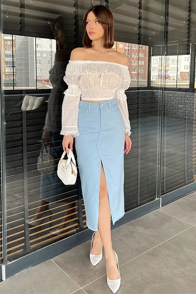 GÜLSELİ Fusta de damă albastră cu buzunar dublu, detaliată, din denim