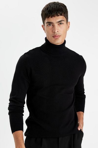 DeFacto Pulover negru, slim, slim, cu gât țesut, tricotaj simplu, R1124az24wn