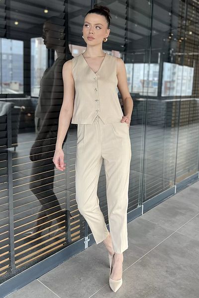 GÜLSELİ Stone Women's Button Detailed Lined Vest Trousers Set of Two