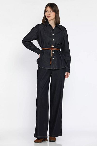 GÜLSELİ Navy Blue Waist Belt Detailed Shirt Trousers Jean Jeans Double Set