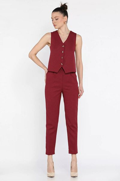 GÜLSELİ Claret Red Women's Button Detailed Lined Vest Trousers Set of Two