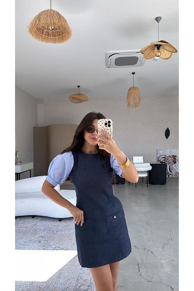 Buket Teke Rochie din denim cu detaliu popelin cu mâneci