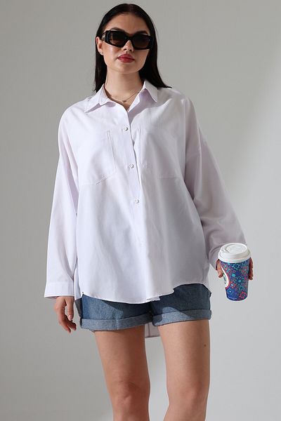 Corradeo Giyim Poplin Fabric Double Pocket Oversize Cotton White Women's Tunic Shirt