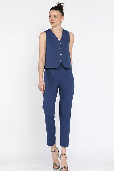 GÜLSELİ Indigo Women's Button Detailed Lined Vest Trousers Set of Two