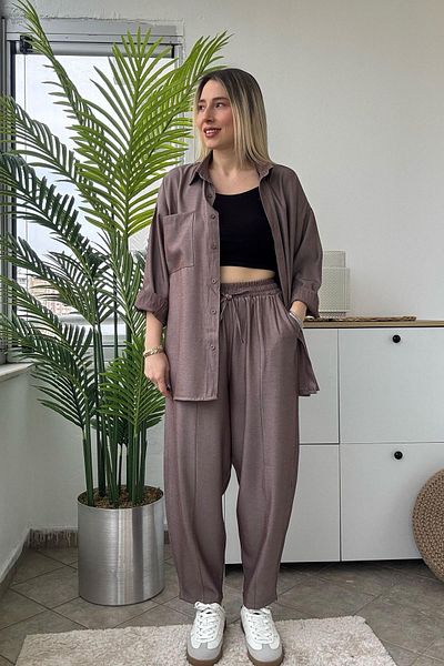 Kubos Moda Linen Textured Brown Shirt Pants Set