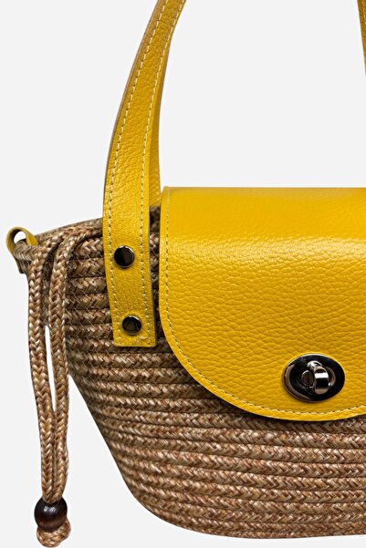 MaVaux Lily Genuine Leather Jute Straw Look Inner Lined Shoulder Bag