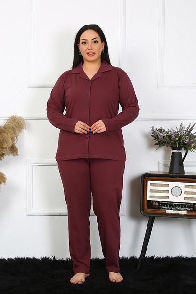 Celira Women's Plus Size Cotton Pocketed Buttoned Plum Pajamas Set202401