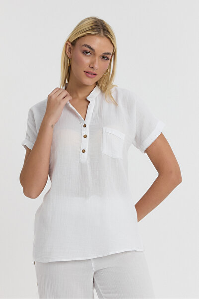 TCT TEKSTİL Γυναικεία κοντομάνικη μπλούζα - Μπλούζα με γιακά Muslin Judge - 1130