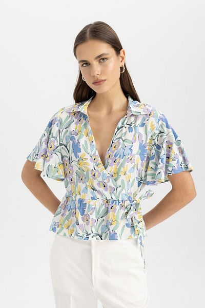 DeFacto Fitted Wrap Collar Maroken Short Sleeve Blouse C7529AX24SM