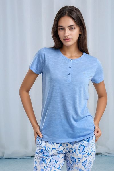 Soweto Set de pijamale pentru femei, cu mâneci scurte, din bumbac pieptănat, cu model lung