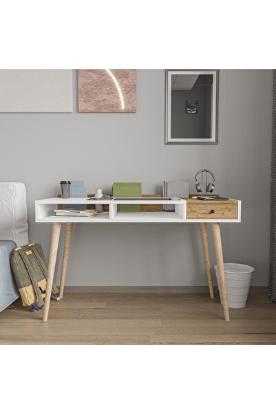 ALONEX HOME Flex Çalışma Masası, Bilgisayar Masası, Ahşap Ayak Çalışma Masası, Ekonomik Masa, Sepet-beyaz