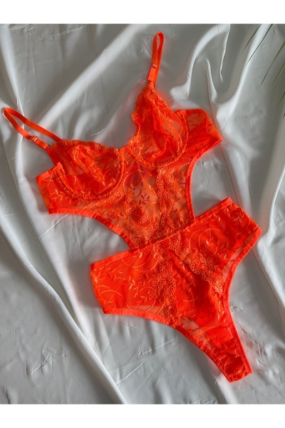 ROZENİN LINGERIE Прозрачно боди с банели и неонови флорални мотиви