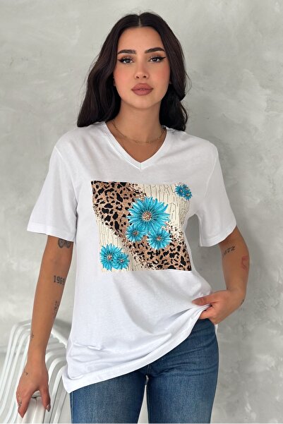 FEMELLE Women's White V-Neck Large Size Floral Sequin Sequin Embroidered 100% Cotton T-Shirt