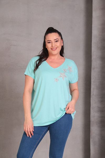 Esina Γυναικεία μπλούζα βισκόζης με πέτρα με λεπτομέρεια μπροστά και πίσω με λαιμόκοψη V