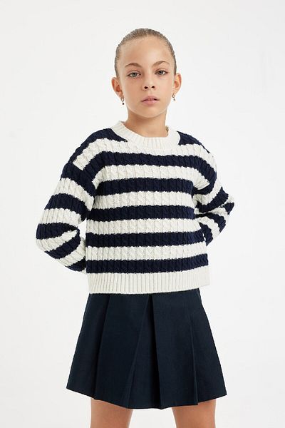 DeFacto Girl's Navy Blue Striped Standard Fit Crew Neck Knitwear Sweater C6972A824Au