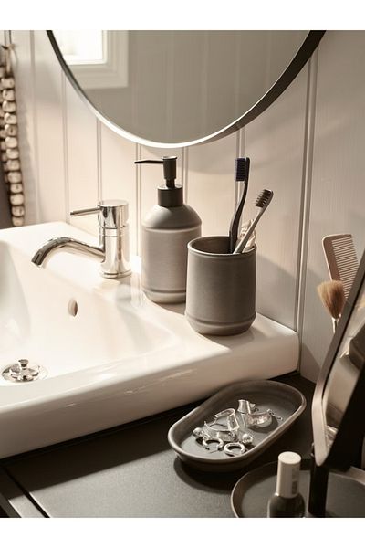 IKEA TVÅLSJÖN 3-Piece Bathroom Set – Stoneware Dispenser 40cl + Holder & Tray – IKEA