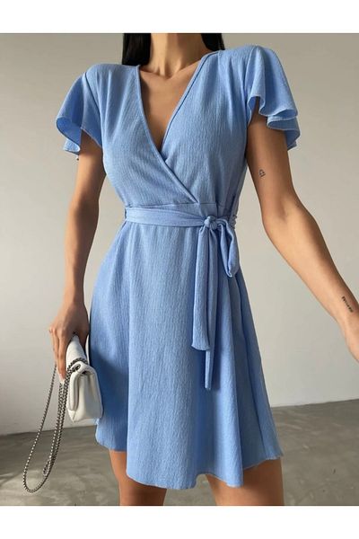 MODAYA Women's Blue Double-Breasted Tie-Up Short Dress