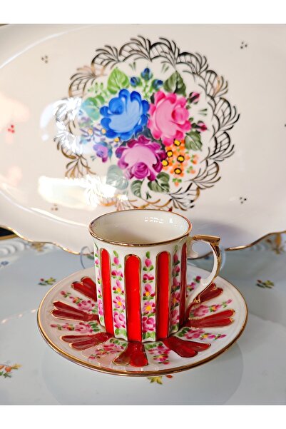 manushum El Boyama Porselen Hercai Kahve Fincanı-kırmızı 1 adet