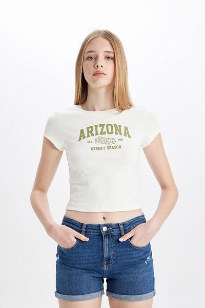 DeFacto Crew Neck Printed Ribbed T-Shirt - Short Sleeve C9332ax24sm