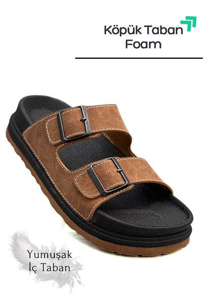 sermoda Men's Slippers Tan - Width Foam Sole - Leather - Double Buckle Adjustable