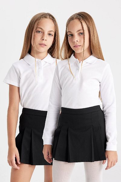 DeFacto Tricou de școală pentru fete, slim fit, cu gât polo, 2 piese 3127781