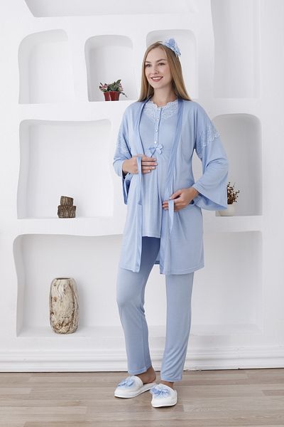 Pelin Set de pijamale de maternitate din 3 piese pentru femei, cu detaliu din dantelă, talie reglabilă
