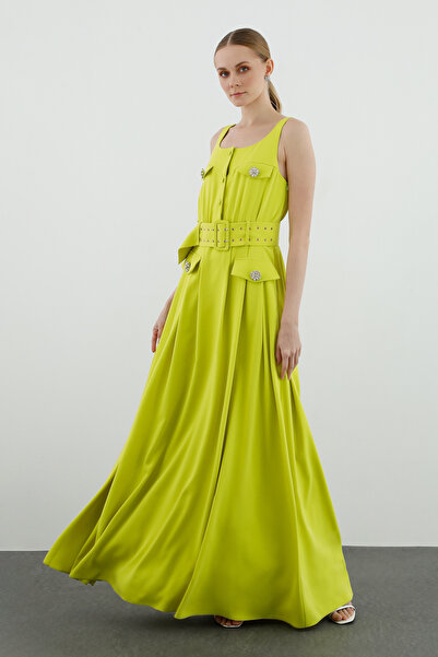 GİZİA Kemer Detaylı Kolsuz Uzun Yeşil Elbise