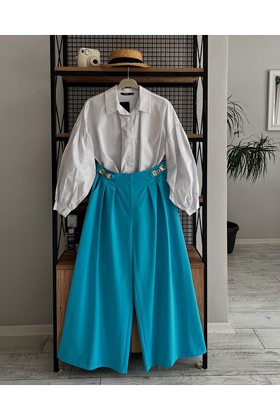 Favori Ewas Design Wide Leg Ankle Length Pants Shirt Women's Two Piece Set