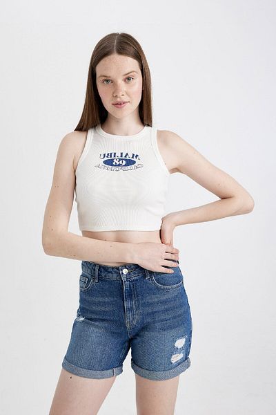DeFacto Tailliertes, bedrucktes, geripptes Camisole mit Rundhalsausschnitt, Athlete C9328AX24SM