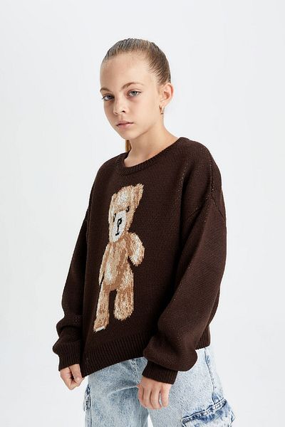 DeFacto Dziewczęcy sweter z nadrukiem misia Teddy Bear w dużym rozmiarze - okrągły dekolt C6942A824Au