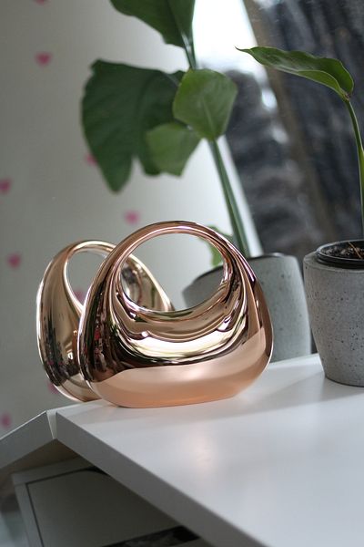 Moom Bag Geantă de mână pentru rochie de seară pentru rochie de seară, metalizată, ovală, cu mâner, din aur roz