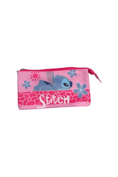 Stitch Pink pencil case, 3 interior compartments, zipper closure, 21x12x3.5 cm, Stitch