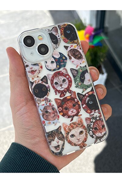 EDELFU İPhone 13 ve 14 için UYUMLU Sevimli Kediler Baskılı Kamera Korumalı Şe...