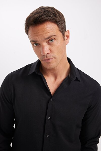 DeFacto Slim Fit Dar Kesim Polo Yaka Poplin Uzun Kollu Siyah Gömlek R4340az24sp