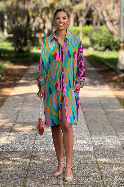 Nevin Kaya Moda Φόρεμα πουκάμισο μίντι μήκους ροζ Mone μοτίβο 100% βαμβακερή βισκόζη