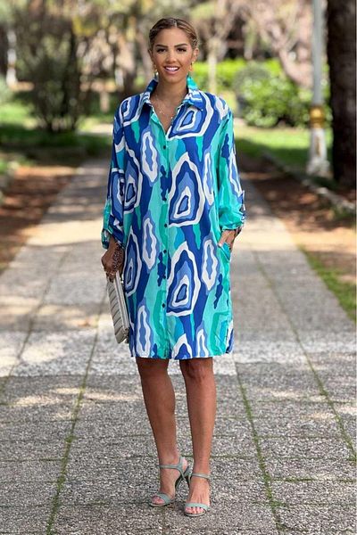 Nevin Kaya Moda Φόρεμα πουκάμισο με μοτίβο τιρκουάζ Mone Midi μήκους 100% βαμβακερή βισκόζη