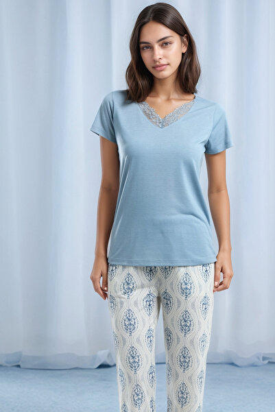 Soweto Set de pijamale pentru femei, cu mâneci scurte, guler din dantelă, cu detaliu din bumbac pieptănat