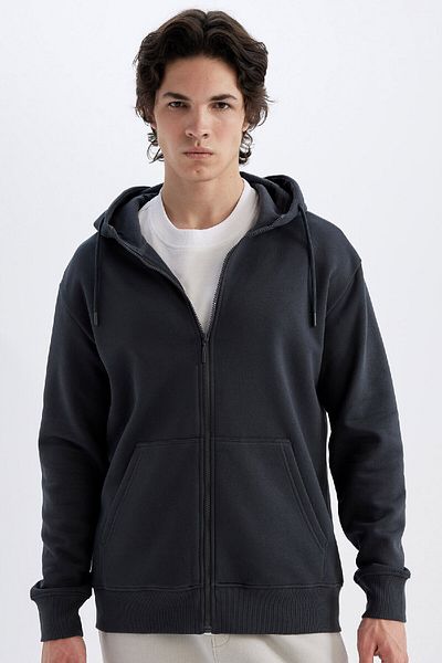 DeFacto Soft Feather Basic Sweatshirt with Hood - Pocket, Solid Zipper X8331Az24Au