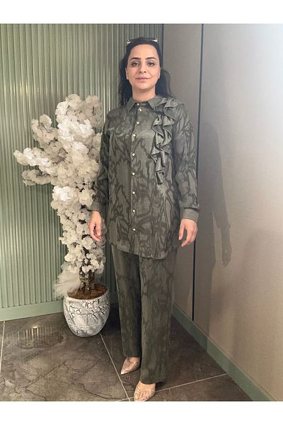Otto Cupra Fabric Suit with Shoulder Ruffles