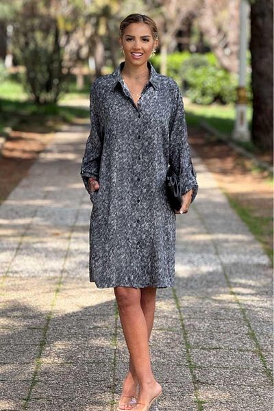 Nevin Kaya Moda Gray Color Midi Length Shirt Dress 100% Cotton Viscose